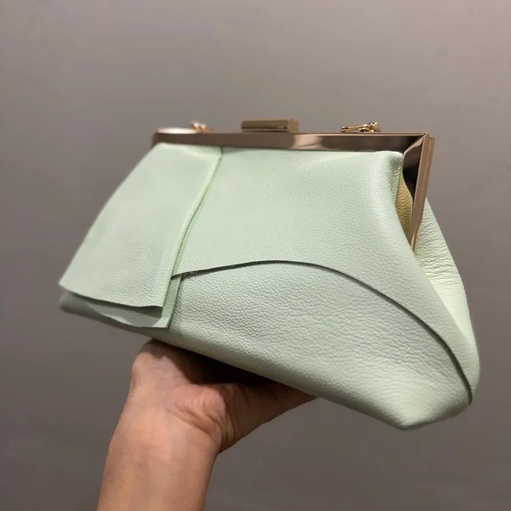Genuine Leather Handmade Unique Asymmetrical Ruffles Frame Clutch Bag/Crossbaody - Picture 10 of 16
